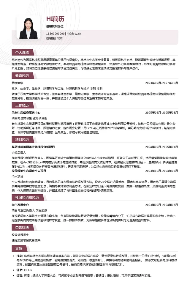 国家林业和草原局直属单位通用校招岗位投递简历模板