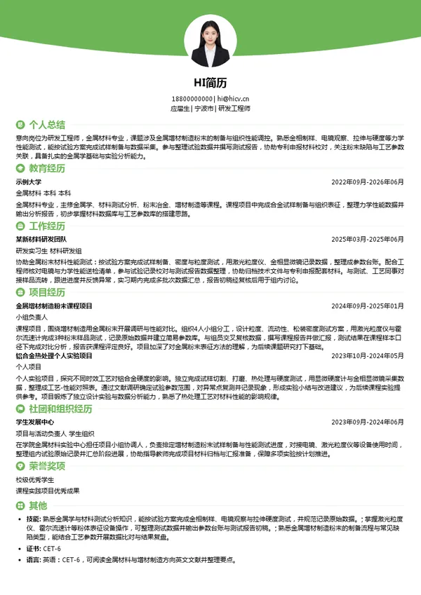 宁波众远新材料科技有限公司研发工程师投递简历模板