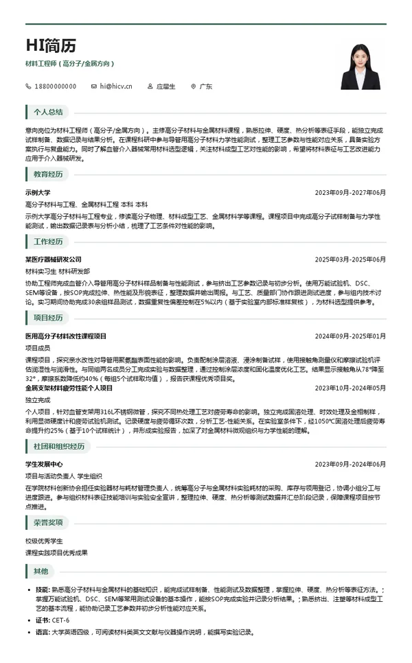 广东博迈医疗科技股份有限公司材料工程师（高分子/金属方向）投递简历模板