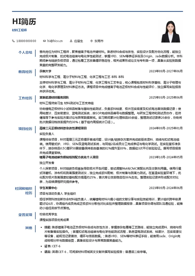 东莞维科电池有限公司材料工程师投递简历模板