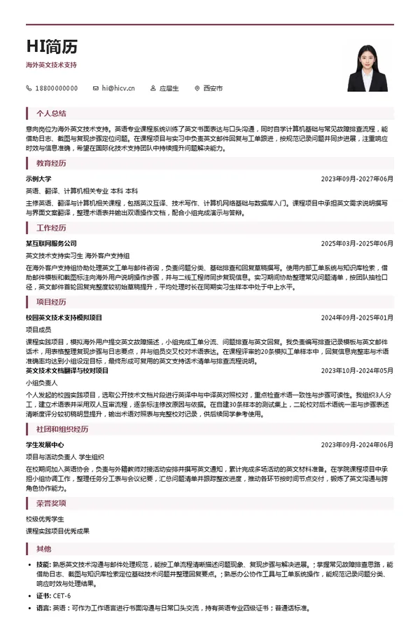 成都维音信息技术有限公司海外英文技术支持投递简历模板