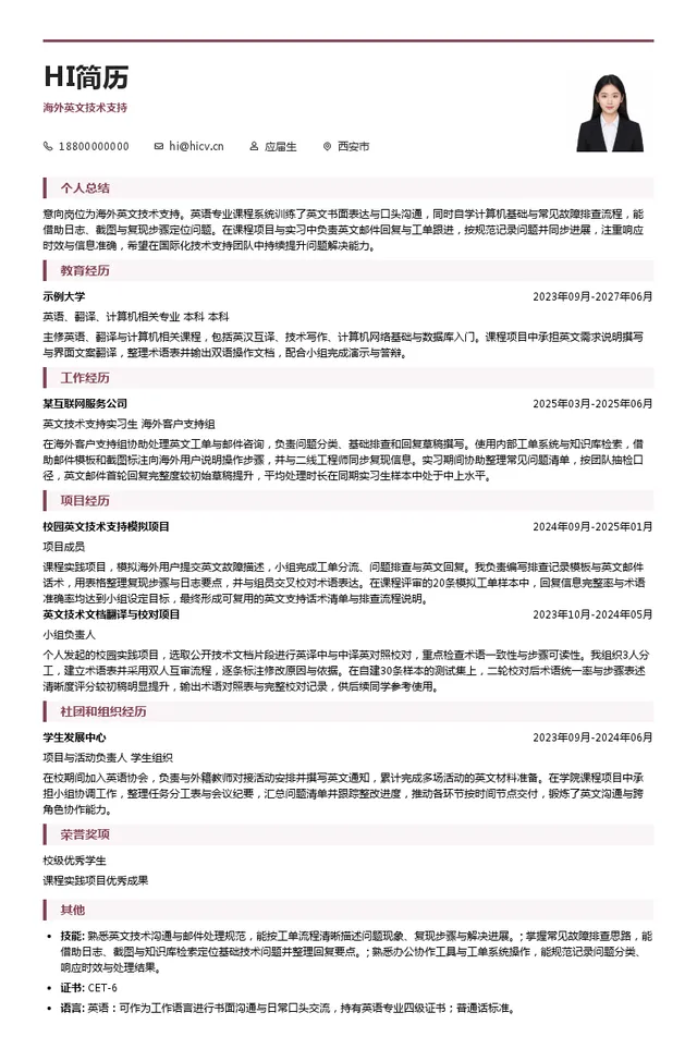 成都维音信息技术有限公司海外英文技术支持投递简历模板