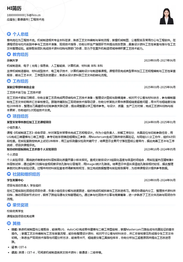 昌河飞机工业(集团)有限责任公司工程技术岗投递简历模板