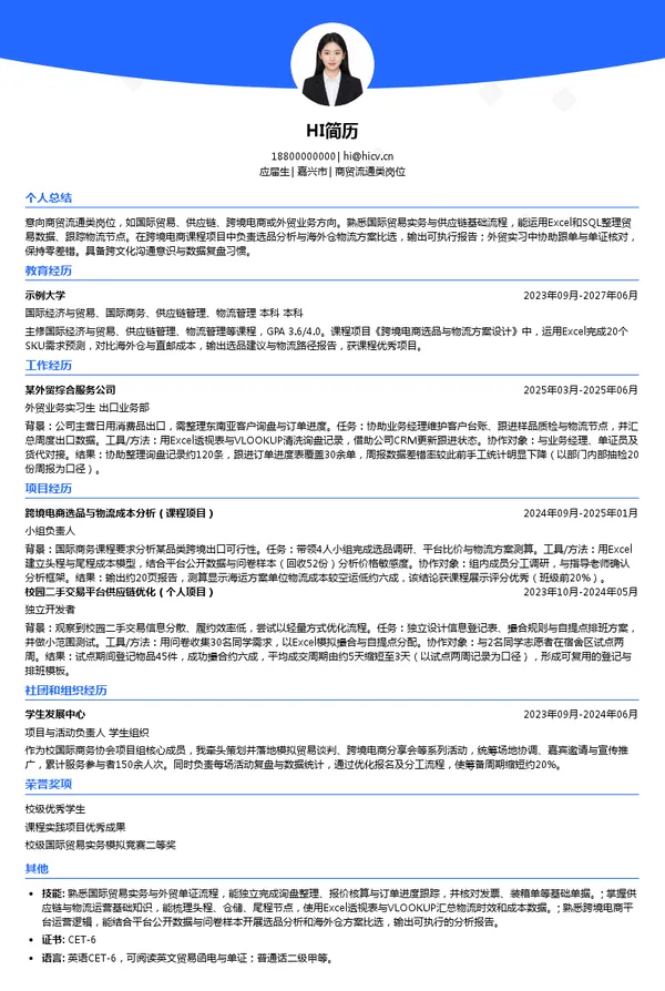 浙江省国际贸易集团有限公司商贸流通类岗位投递简历模板