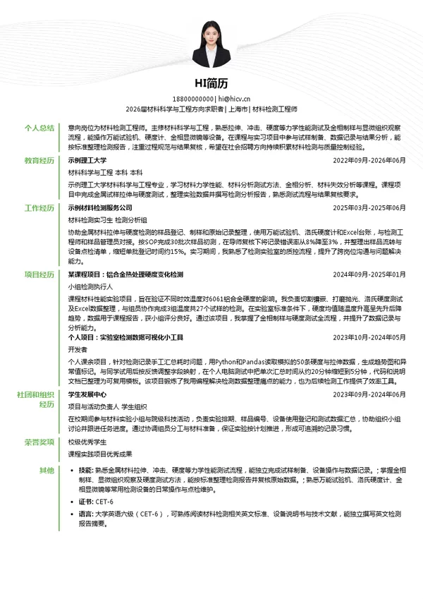 材料检测工程师简历模板