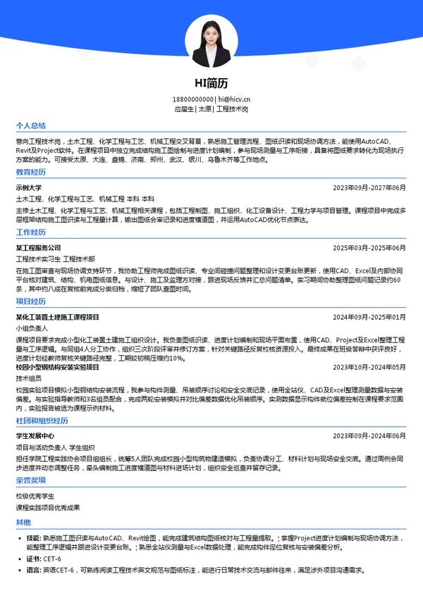 中国化学工程第九建设有限公司工程技术岗投递简历模板