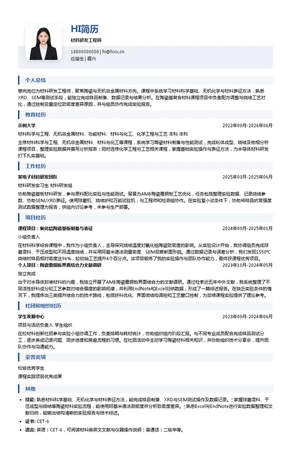 德汇电子材料研发工程师投递简历模板