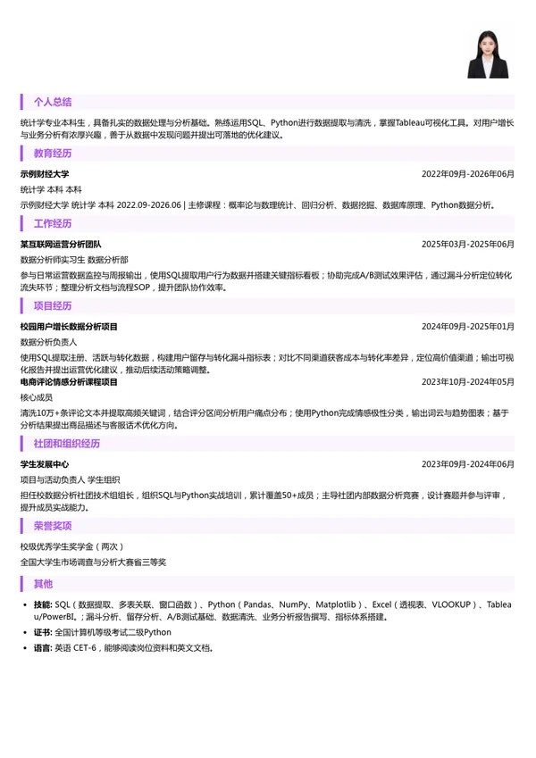 实习生数据分析师简历模板