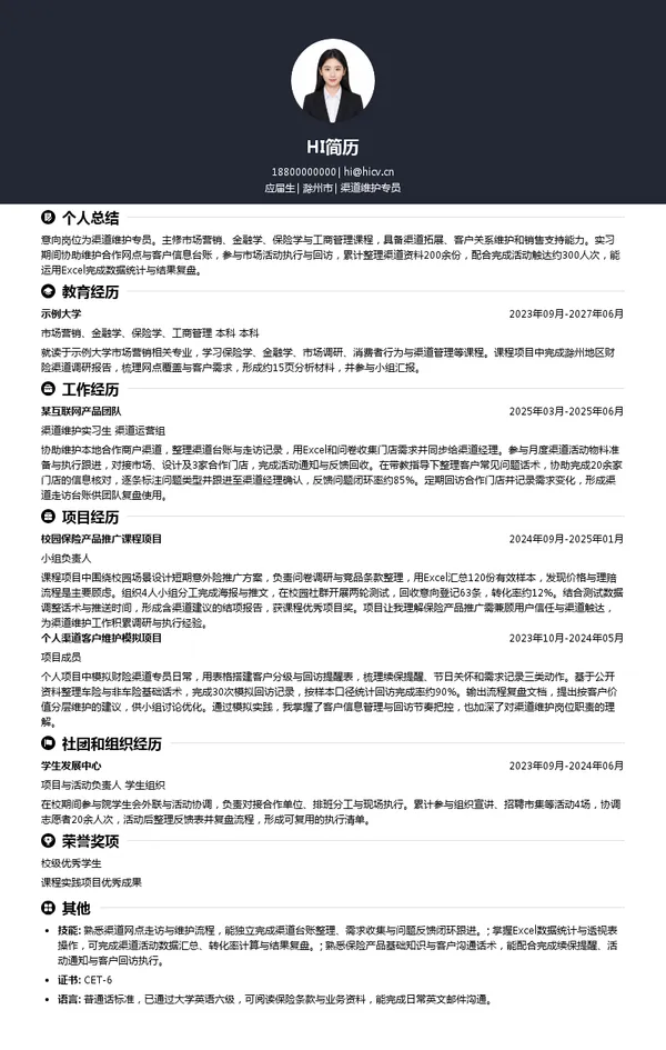 中国人民财产保险股份有限公司滁州市分公司渠道维护专员投递简历模板