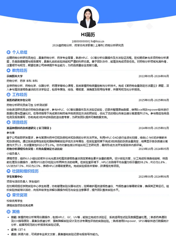 药物分析研究员简历模板