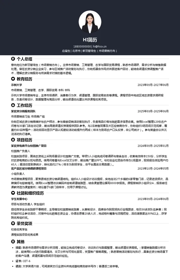 中化化肥有限公司新羽管培生(市场营销方向)投递简历模板
