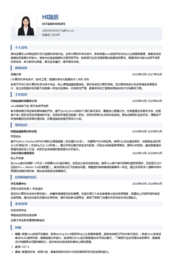 乐山市商业银行总行金融科技培训生投递简历模板