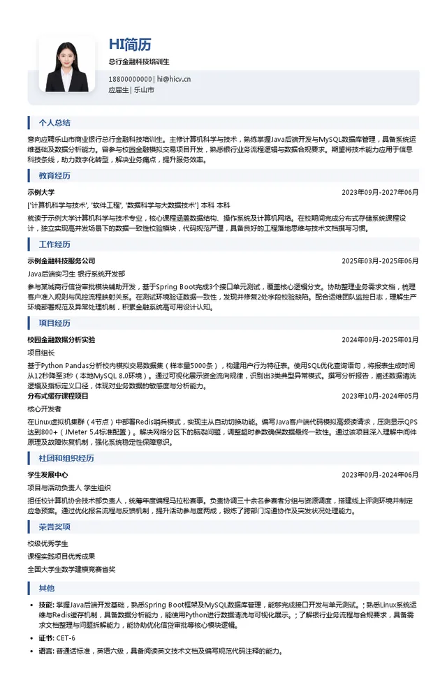 乐山市商业银行总行金融科技培训生投递简历模板