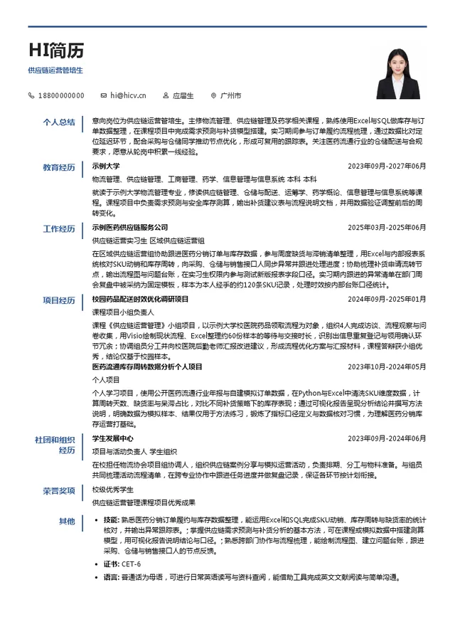 华润广东医药有限公司供应链运营管培生投递简历模板