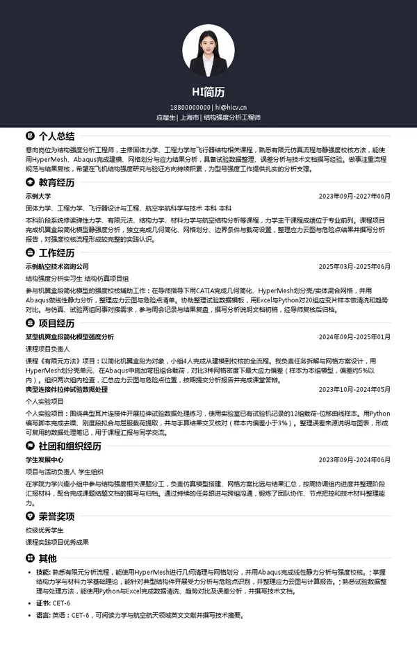 航空工业强度所结构强度分析工程师投递简历模板