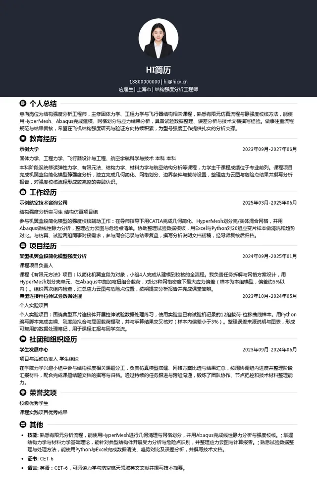 航空工业强度所结构强度分析工程师投递简历模板