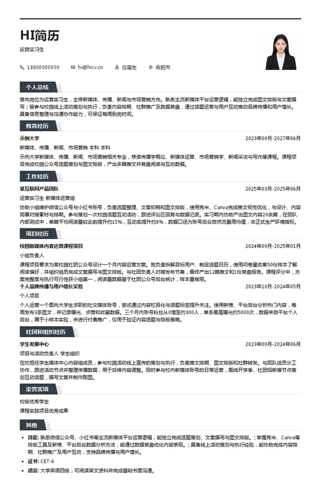 保利和润房地产投资顾问有限公司运营实习生投递简历模板