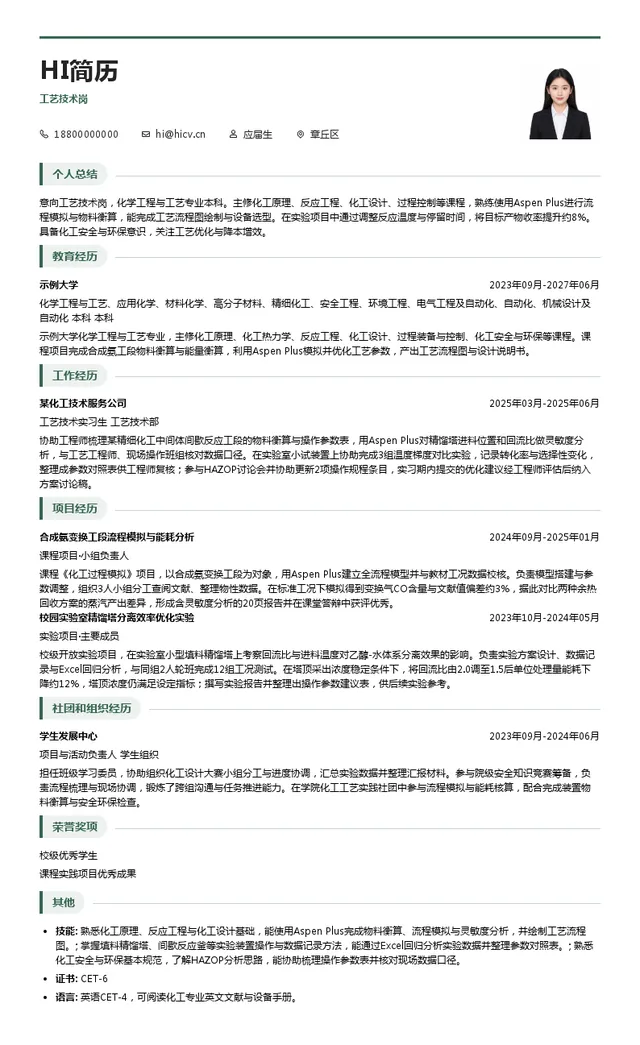 明泉集团工艺技术岗投递简历模板