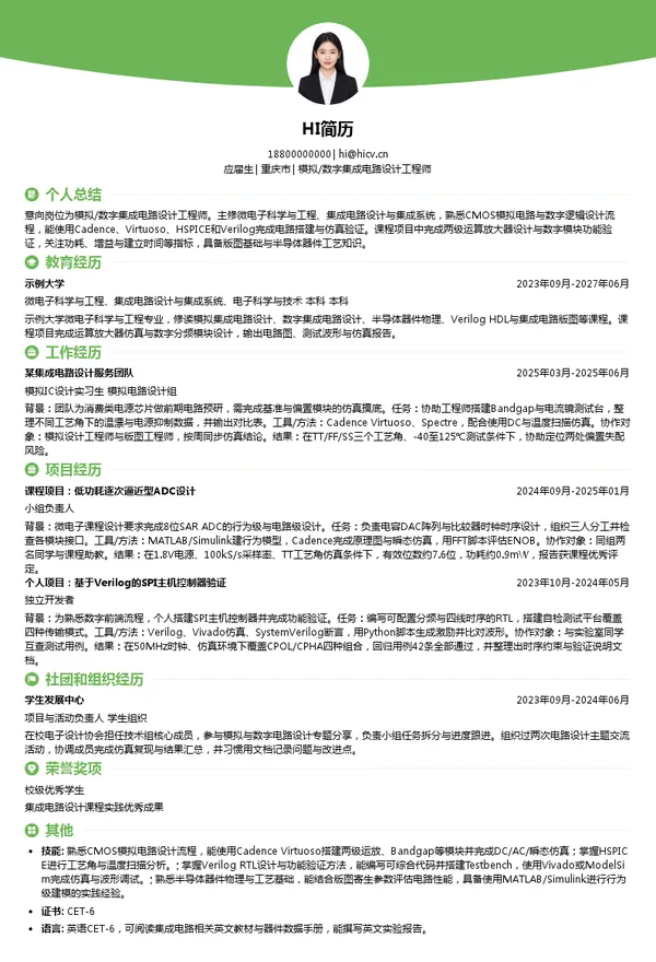 意法半导体模拟/数字集成电路设计工程师投递简历模板