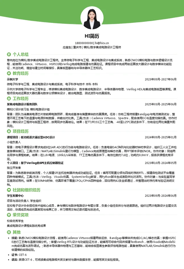 意法半导体模拟/数字集成电路设计工程师投递简历模板