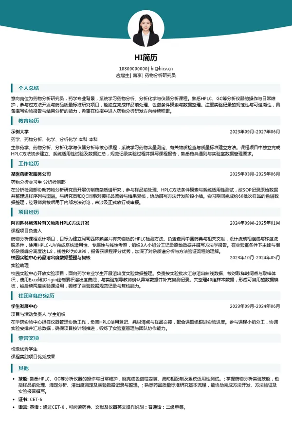 南京健友生化制药股份有限公司药物分析研究员投递简历模板