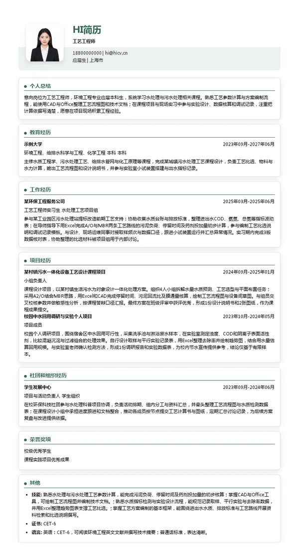 泓济环保工艺工程师投递简历模板