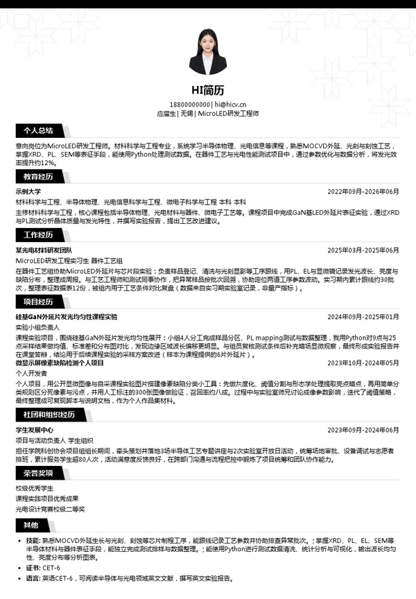 赛富乐斯MicroLED研发工程师投递简历模板