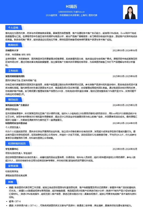 社招医药代表简历模板