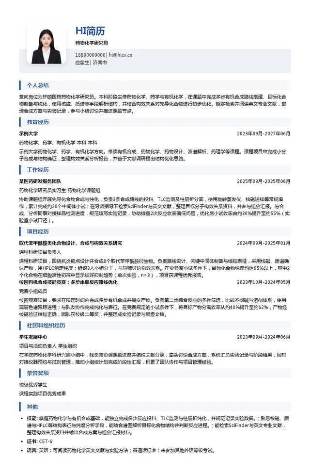 轩硕医药药物化学研究员投递简历模板