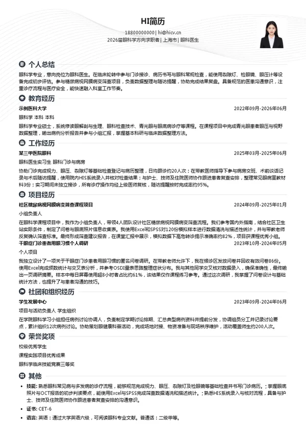 眼科医生简历模板