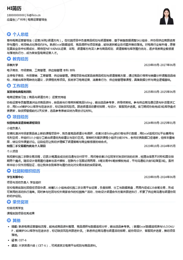 NEWAIM电商运营管培生投递简历模板