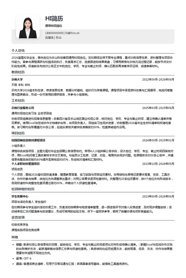 乐山科创集团通用校招岗位投递简历模板