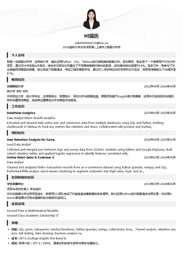 英文数据分析师简历模板
