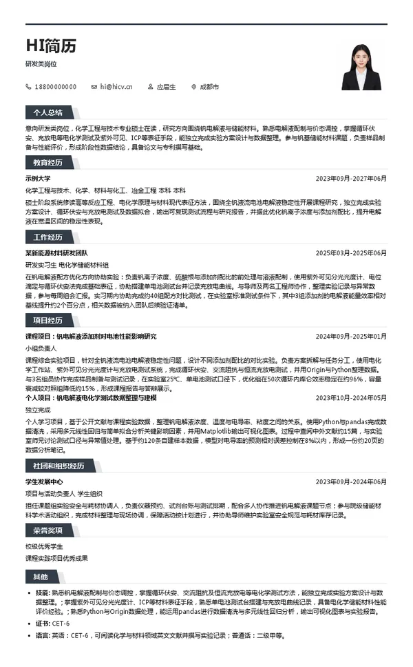 四川发展兴欣钒能源科技有限公司研发类岗位投递简历模板