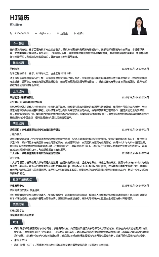 四川发展兴欣钒能源科技有限公司研发类岗位投递简历模板