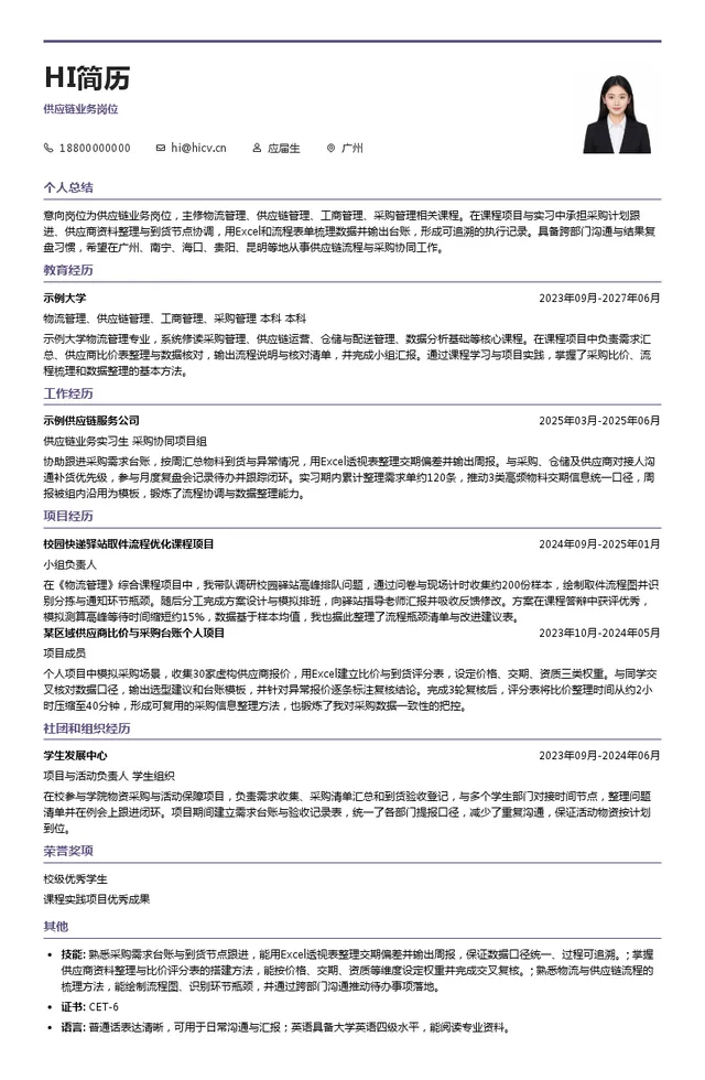 南方电网供应链集团供应链业务岗位投递简历模板