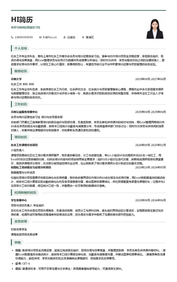 上海市社会工作者协会会员与培训运营岗实习生投递简历模板