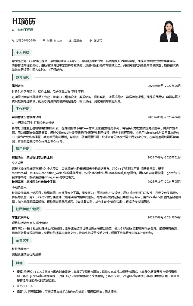 汉森软件C++软件工程师投递简历模板