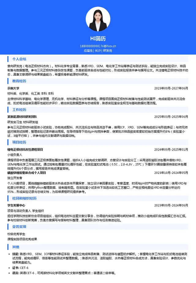 五矿新能源材料(湖南)股份有限公司研发岗投递简历模板