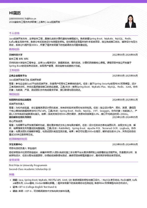 英文Java后端开发简历模板