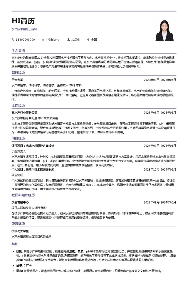 联鲲集团水产技术服务工程师投递简历模板