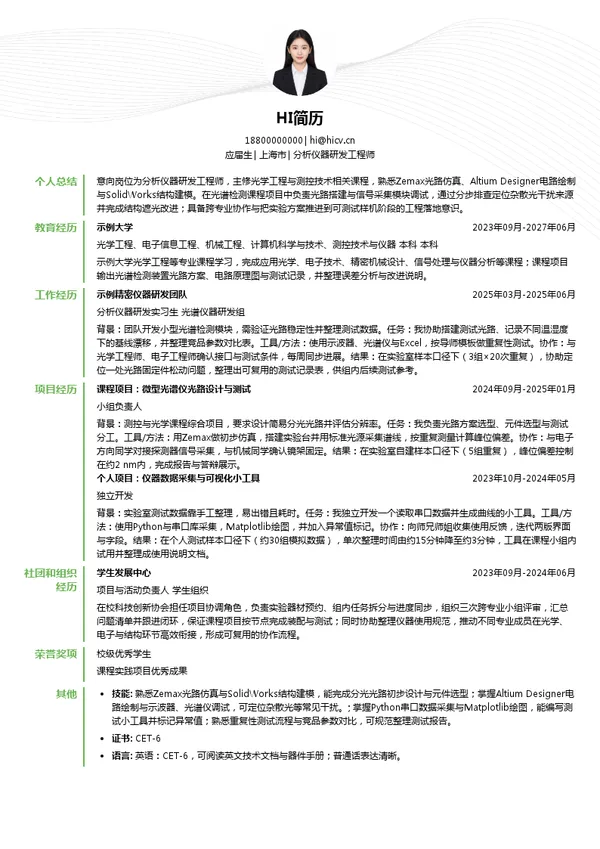 善施科技分析仪器研发工程师投递简历模板
