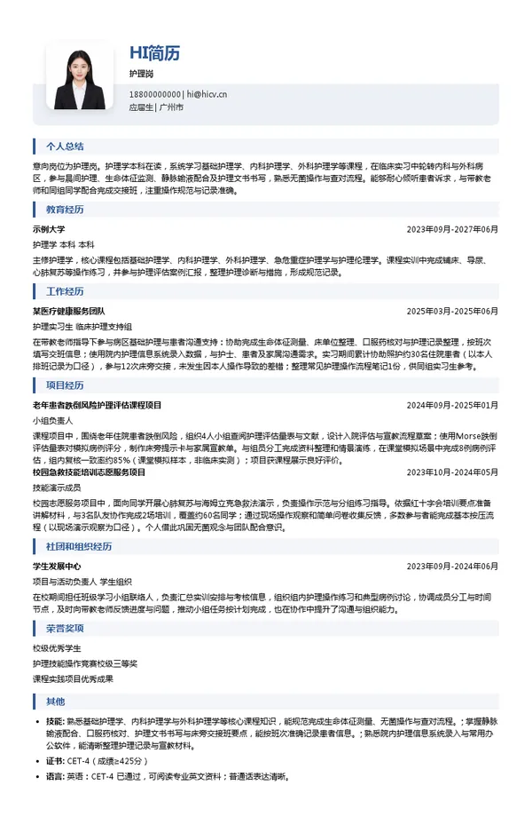 广东省人民医院护理岗投递简历模板
