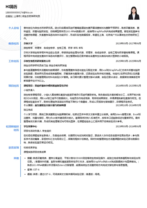 万泽医药微生态药学研究员投递简历模板