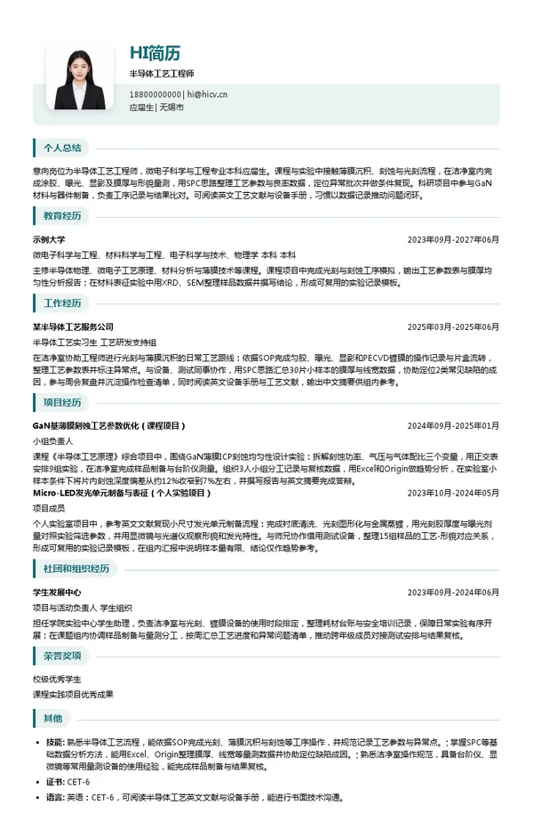 赛尔富半导体工艺工程师投递简历模板