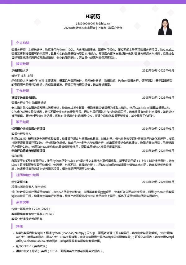 留学数据分析师简历模板