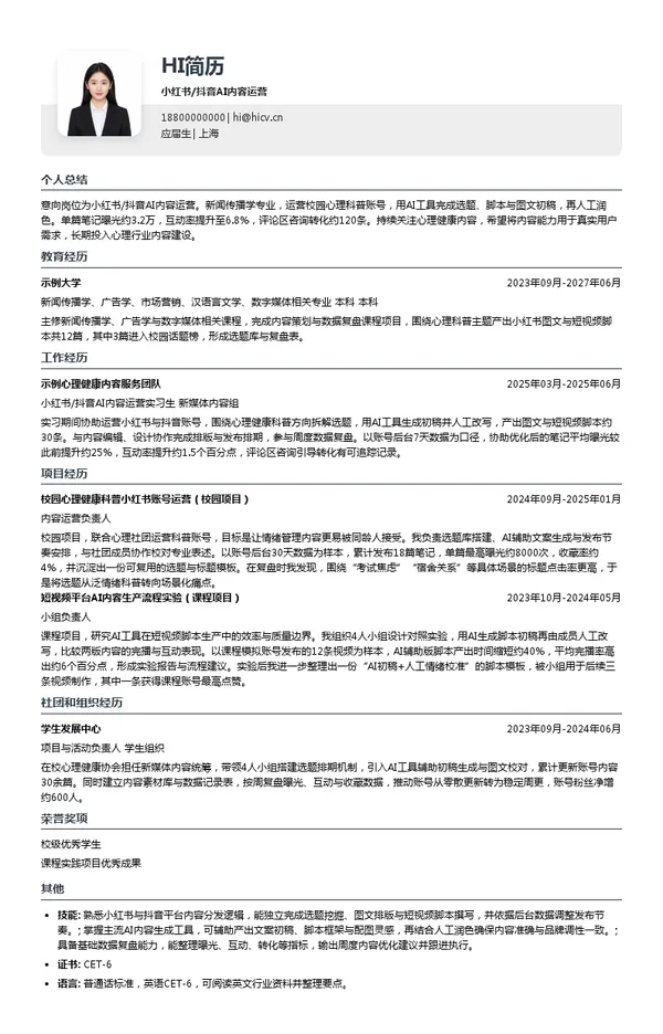 曼朗医疗小红书/抖音AI内容运营投递简历模板