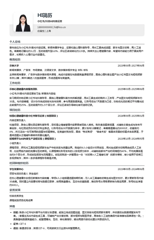 曼朗医疗小红书/抖音AI内容运营投递简历模板