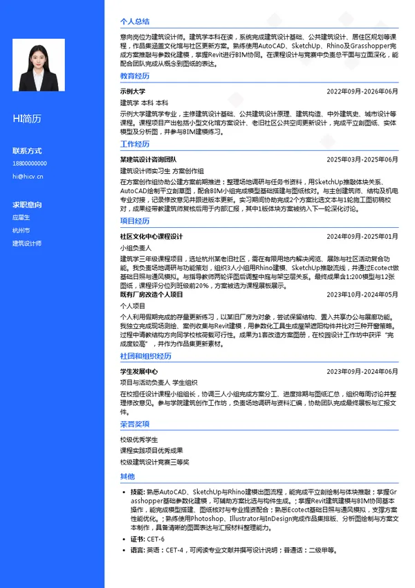 浙江大学建筑设计研究院有限公司建筑设计师投递简历模板