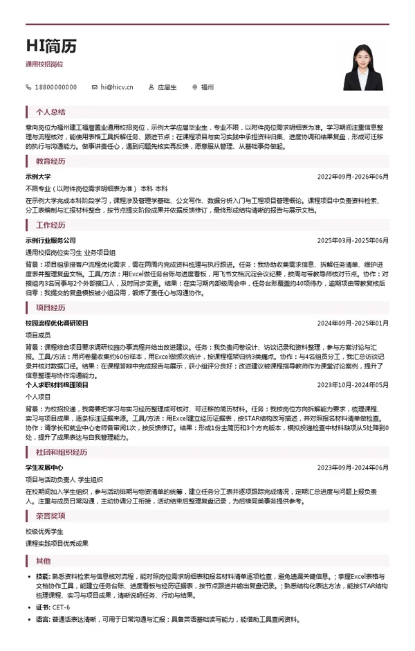 福州建工福厝置业有限责任公司通用校招岗位投递简历模板
